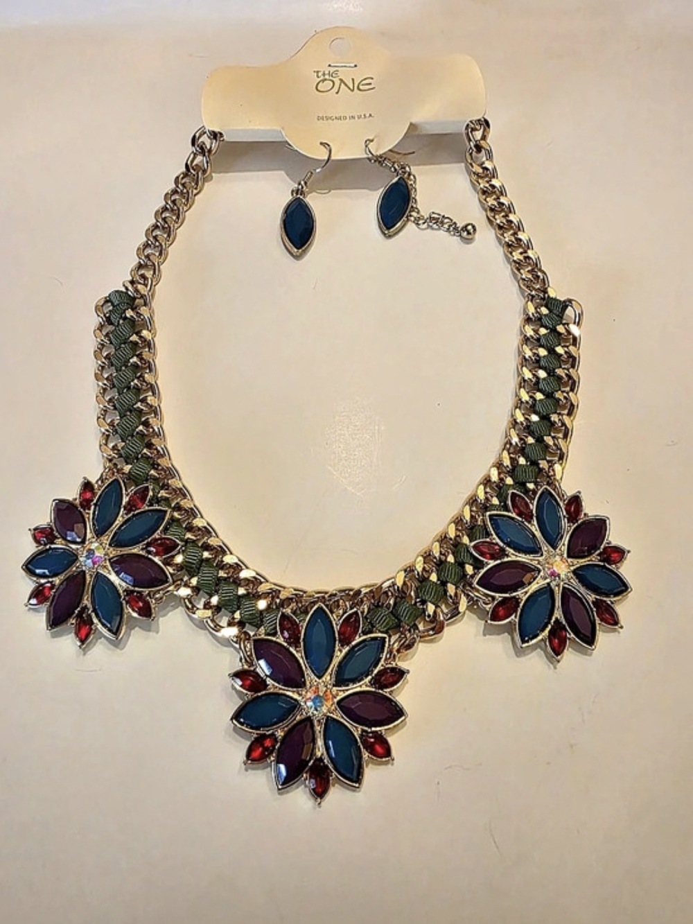 ONE Floral Statement Necklace & Earrings Gold & Blue  New